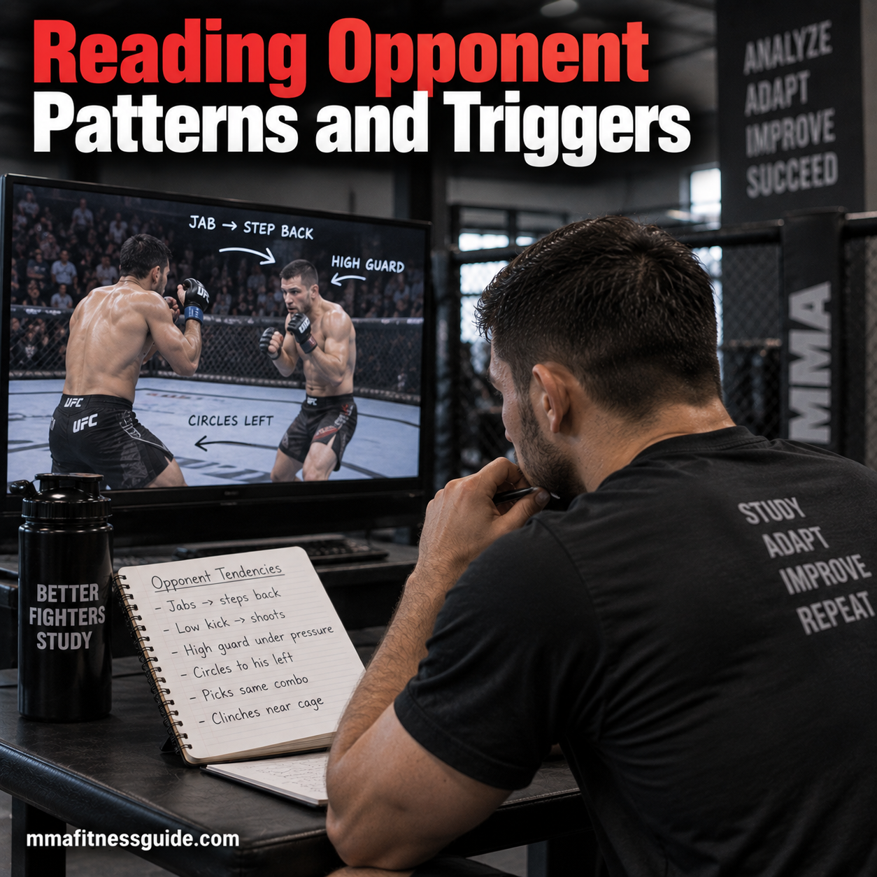 MMA fighter studying fight footage and taking notes on an opponent’s striking, movement, and defensive patterns.