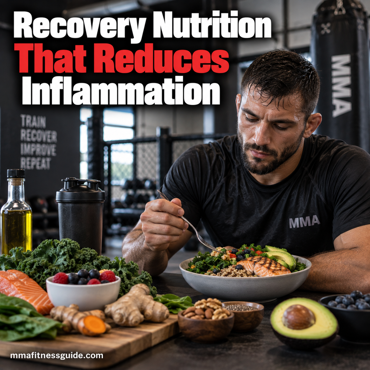 MMA fighter eating a recovery meal with salmon, vegetables, berries, and other nutrient-rich foods after training