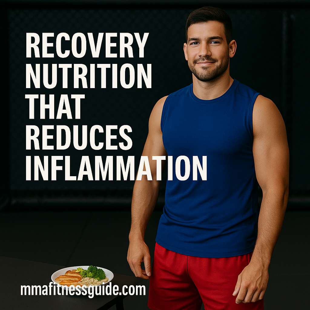 A tan-skinned male athlete standing in an MMA gym beside a table with a healthy meal, shown with the article title “Recovery Nutrition That Reduces Inflammation” and the mmafitnessguide.com watermark.