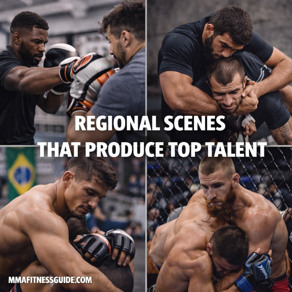MMA fighters training and competing in different regional scenes that are known for producing elite talent.