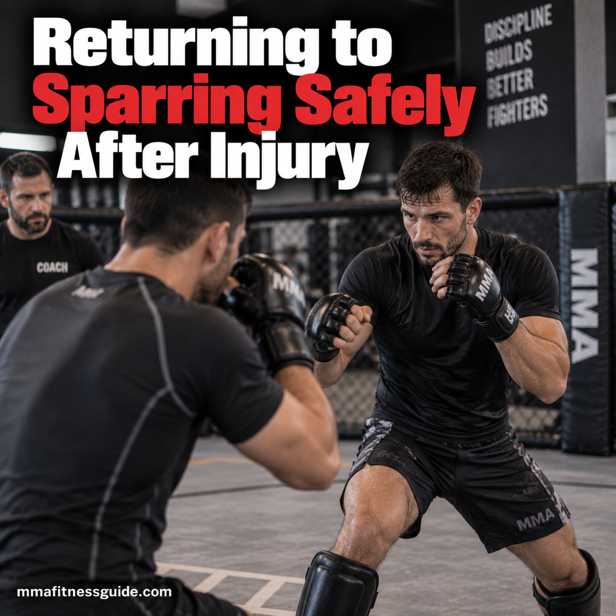 MMA fighter returning to controlled sparring with a training partner while a coach observes