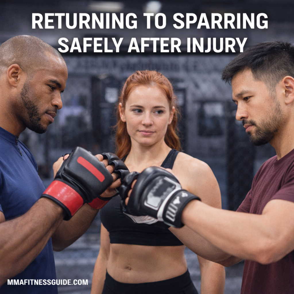 MMA athletes preparing to spar in a gym, demonstrating a safe and respectful return to sparring after injury.