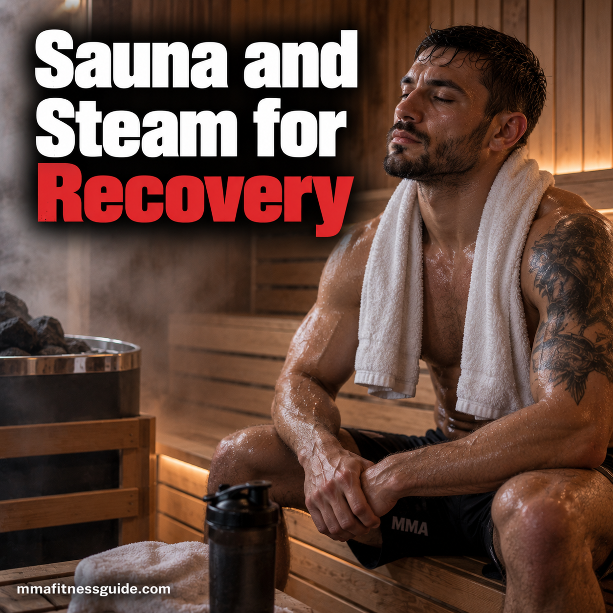MMA fighter relaxing in a sauna after training as part of his recovery routine