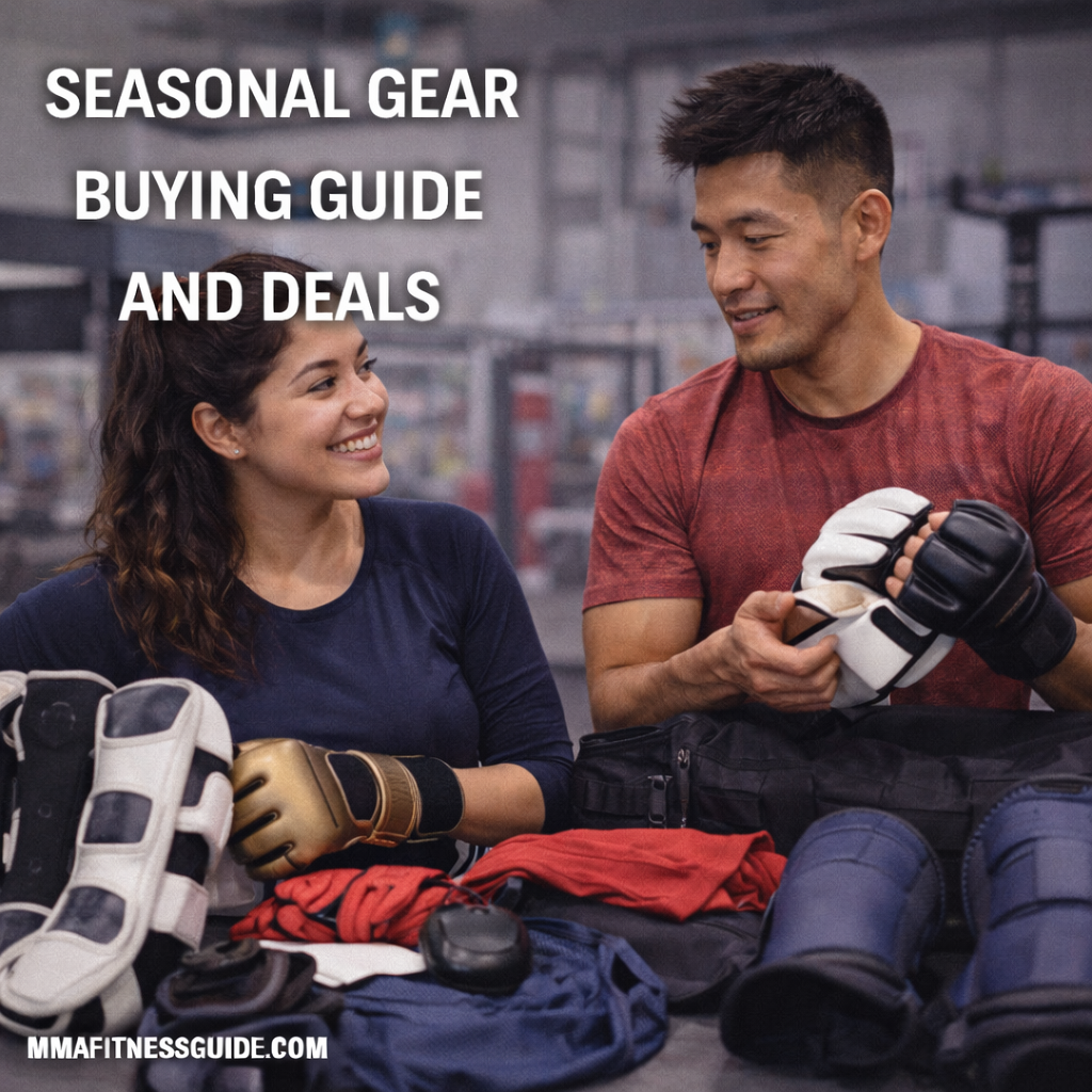 MMA athletes reviewing MMA training gear in a gym, representing a seasonal gear buying guide and deals for MMA athletes.