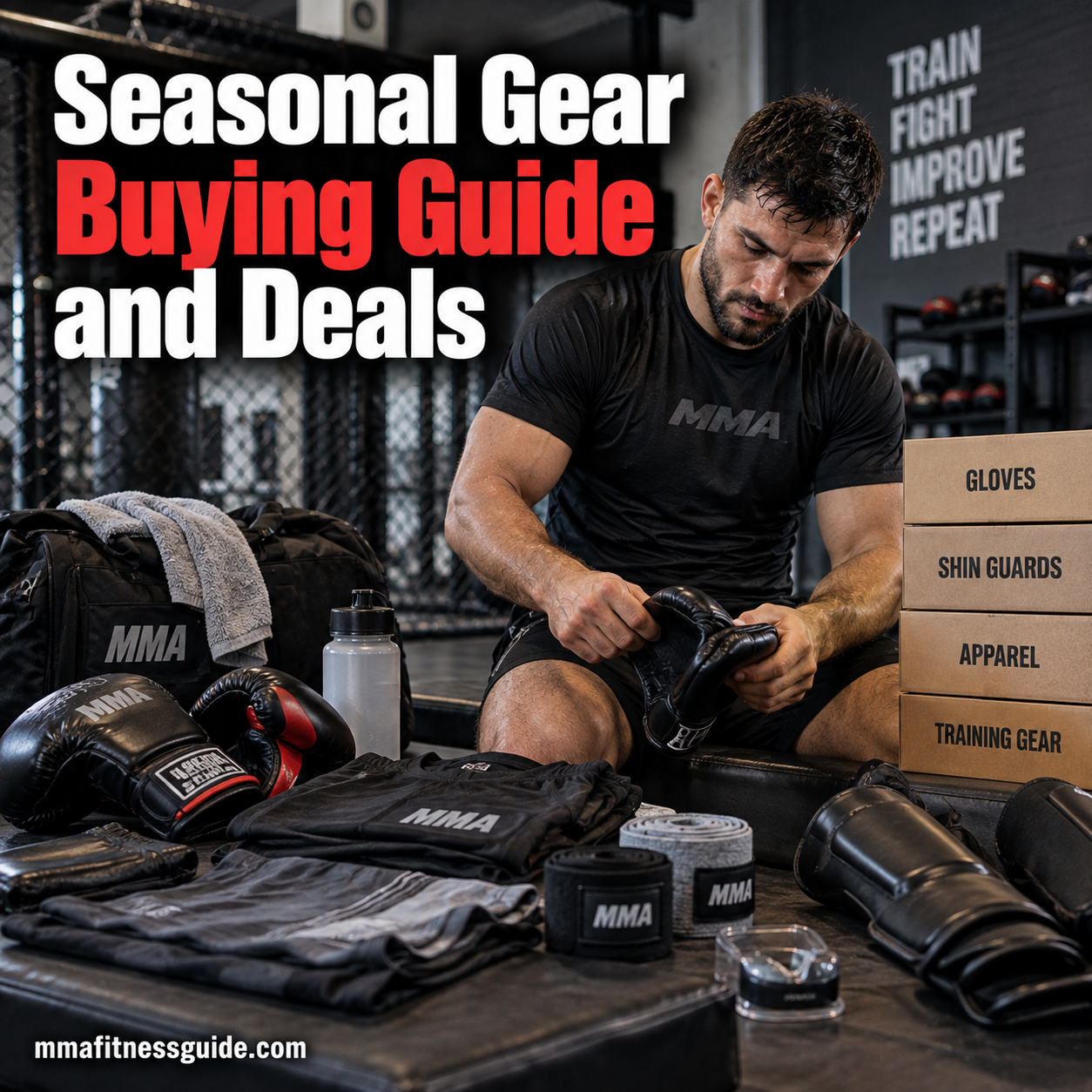 MMA fighter organizing gloves, shin guards, wraps, and training apparel for seasonal gear purchases