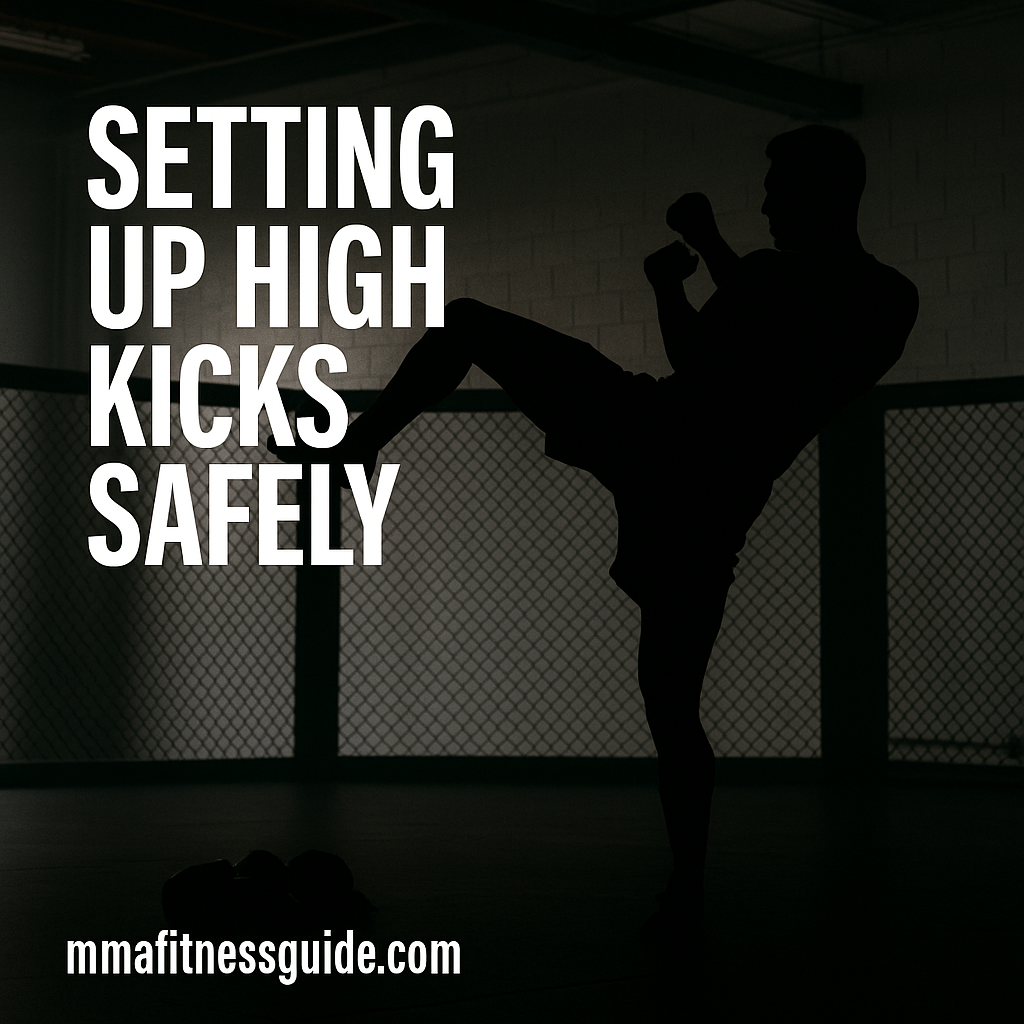 A silhouette of a male athlete performing a high kick inside an MMA gym, shown with the text “Setting Up High Kicks Safely” and the mmafitnessguide.com watermark.