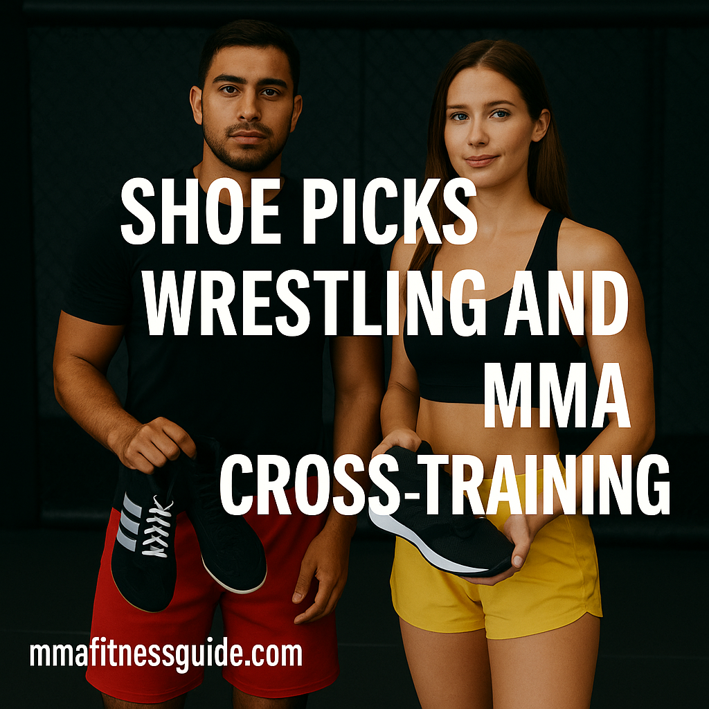 A tan-skinned male athlete holding wrestling shoes and a tan-skinned female athlete holding cross-training shoes inside an MMA gym, shown with the article title and mmafitnessguide.com watermark.