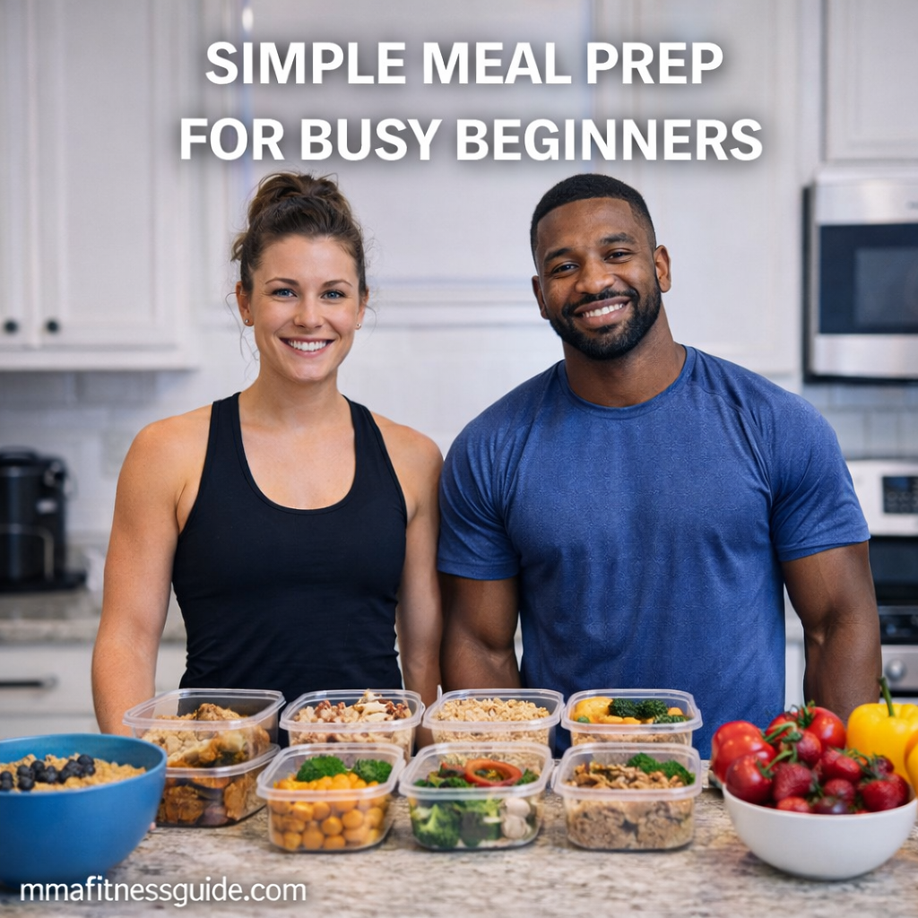 Male and female fitness beginners preparing healthy meals in a kitchen, showing simple meal prep for busy schedules.