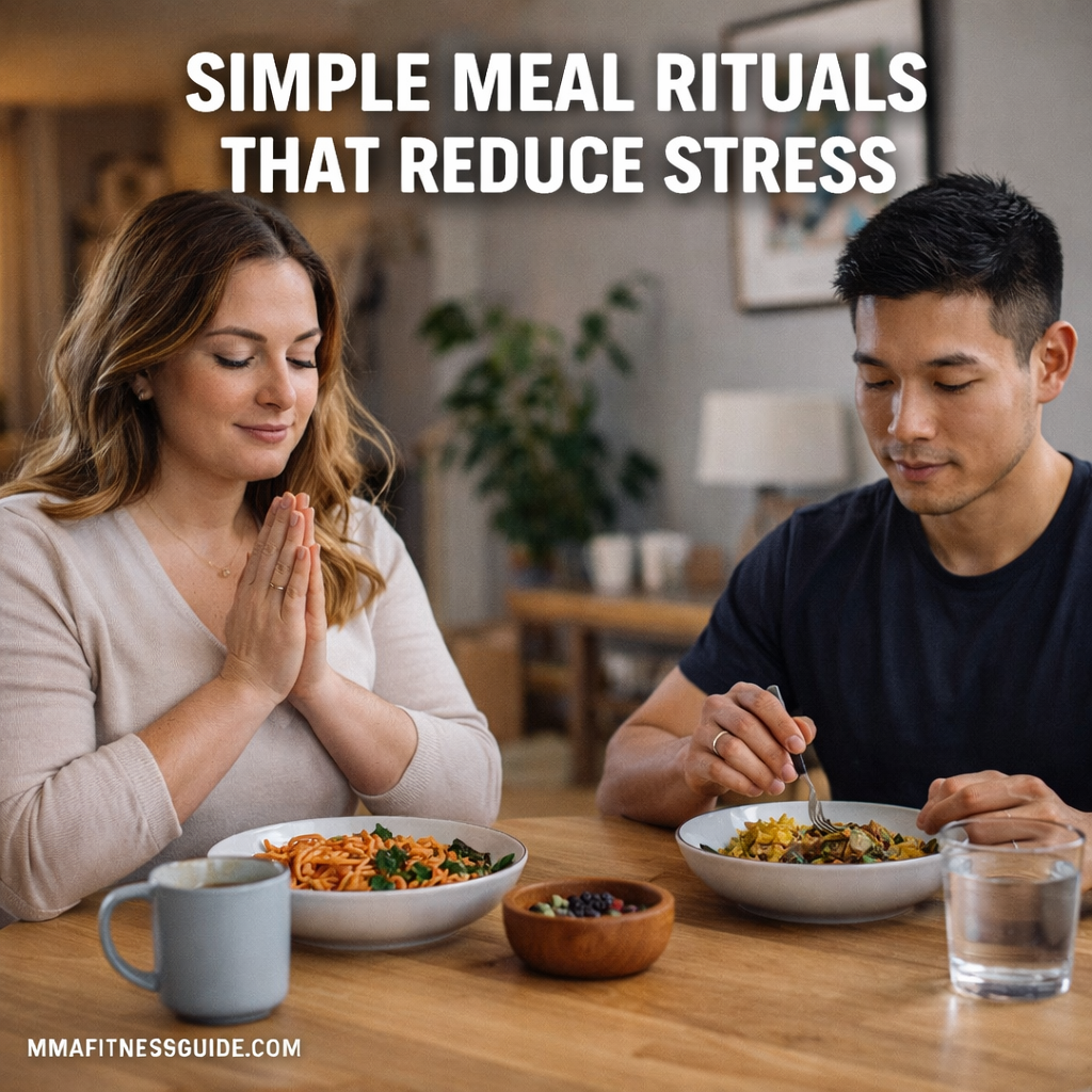 A calm couple practicing mindful eating at home, showing simple meal rituals that reduce stress and support relaxation.