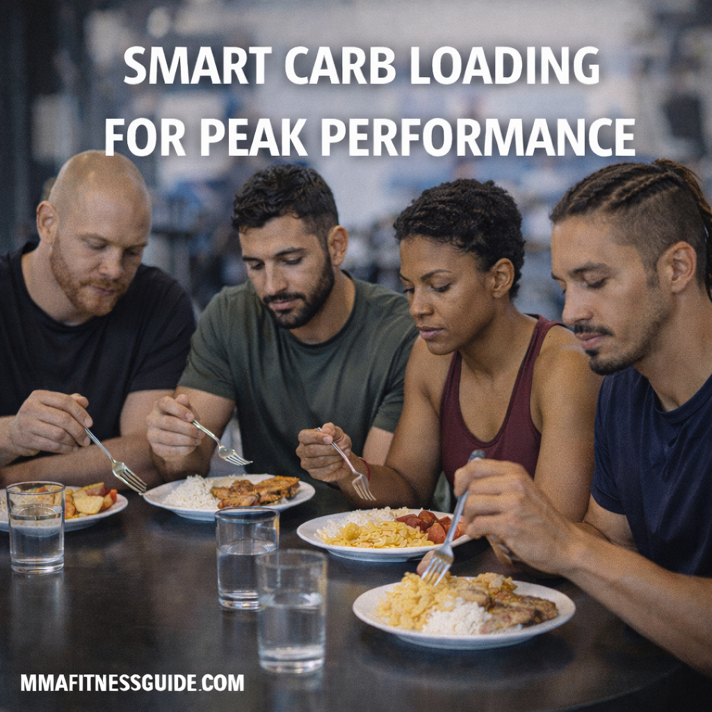 MMA fighters eating carbohydrate-rich meals together to support smart carb loading and peak athletic performance.