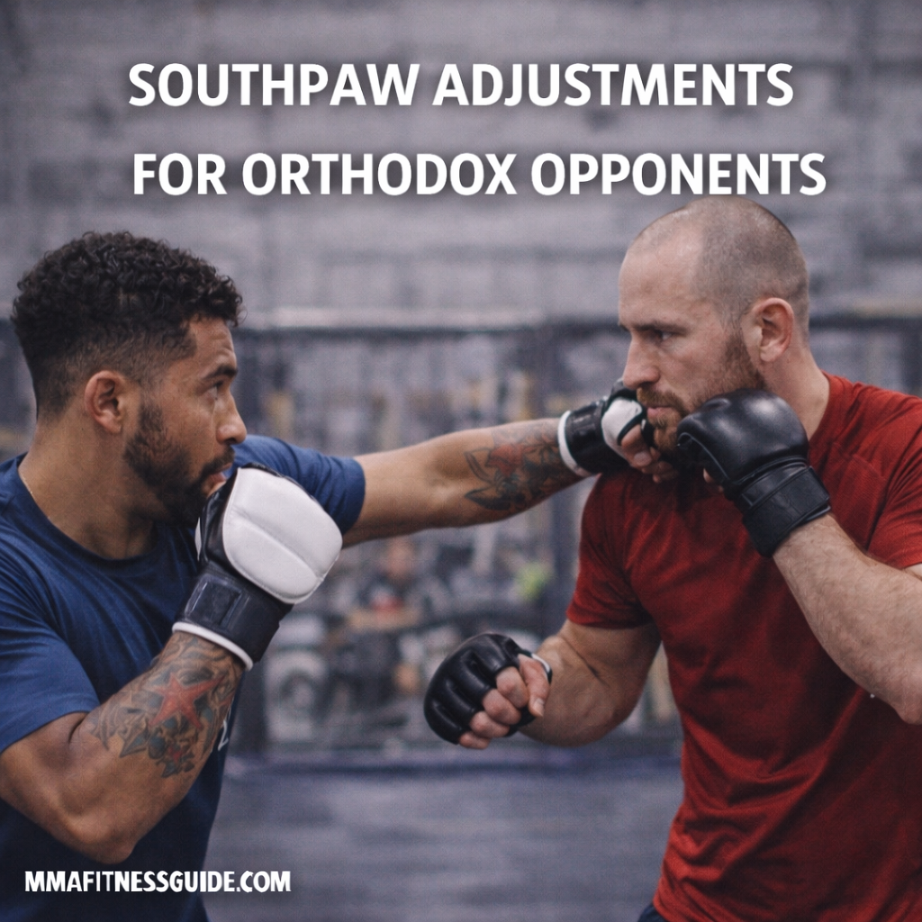Two MMA fighters training in an open-stance matchup, demonstrating southpaw versus orthodox adjustments in striking and foot positioning.