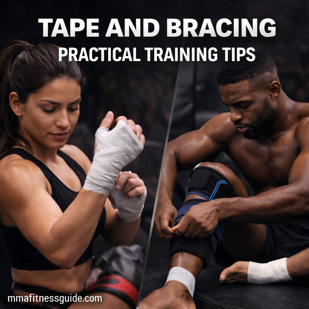 Male and female MMA athletes using wrist tape and knee braces during training for injury prevention.