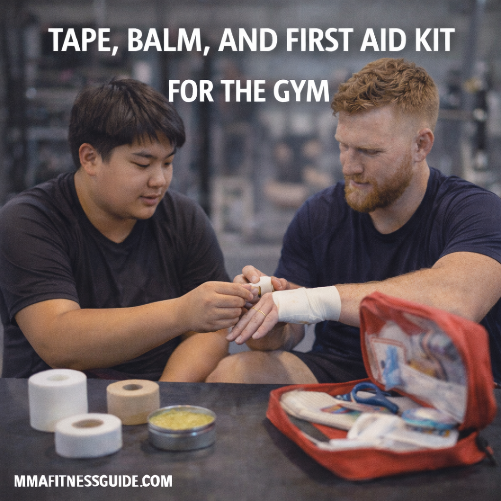 MMA athlete assisting with training partner with athletic tape and first aid supplies in a gym setting.
