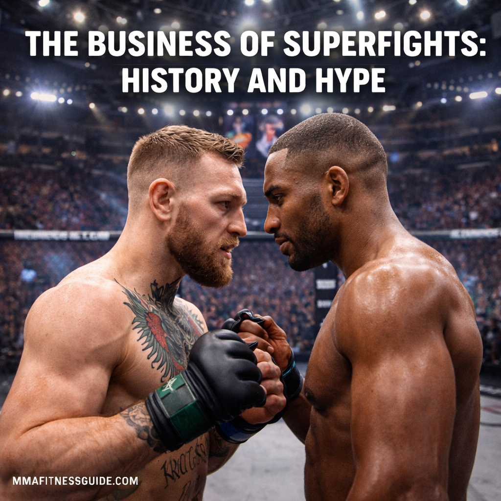 Two elite MMA fighters facing off inside a packed octagon arena, representing the hype and business of major superfight events.