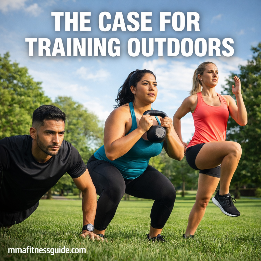A diverse group of people training outdoors in a park, including women and a man performing strength and conditioning exercises.
