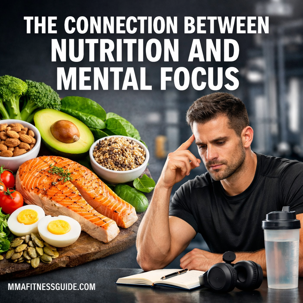 Balanced nutrition foods alongside a focused MMA athlete highlighting the connection between nutrition and mental focus.