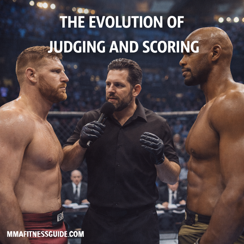 Two MMA fighters standing in the octagon as a referee speaks between rounds, representing judging and scoring decisions in modern MMA.