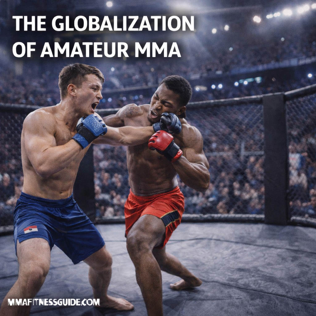 Two amateur MMA fighters from different backgrounds exchanging strikes inside an octagon, representing the global growth of mixed martial arts.