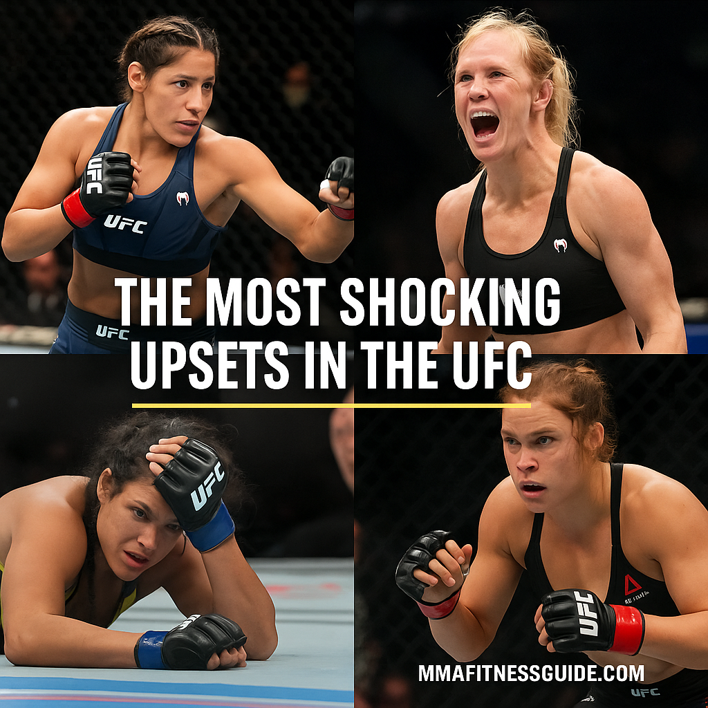 Collage of four female MMA fighters in intense UFC moments, with bold title text reading “The Most Shocking Upsets in the UFC.”