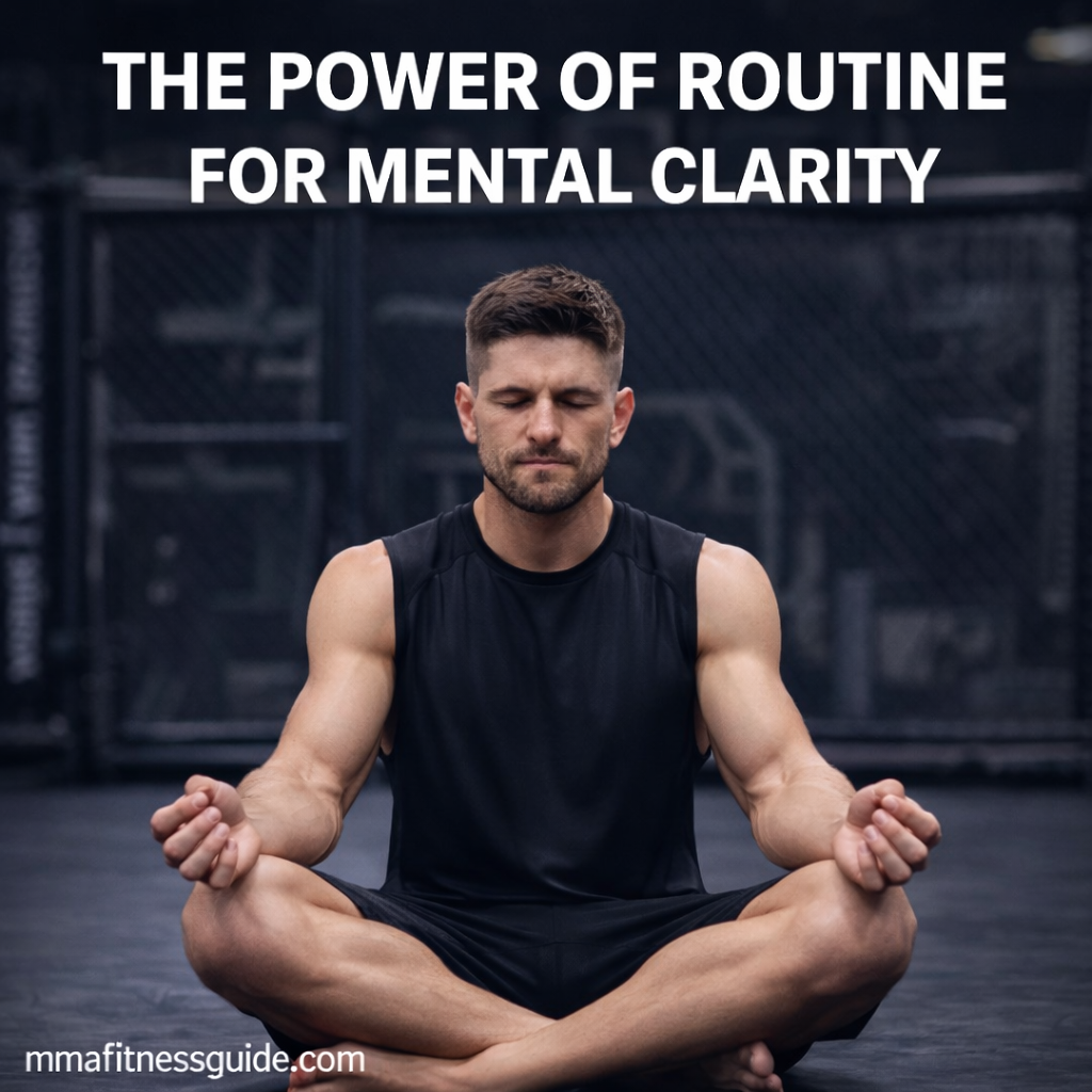 MMA fighter sitting cross-legged in a gym practicing meditation to improve mental clarity and focus through routine.