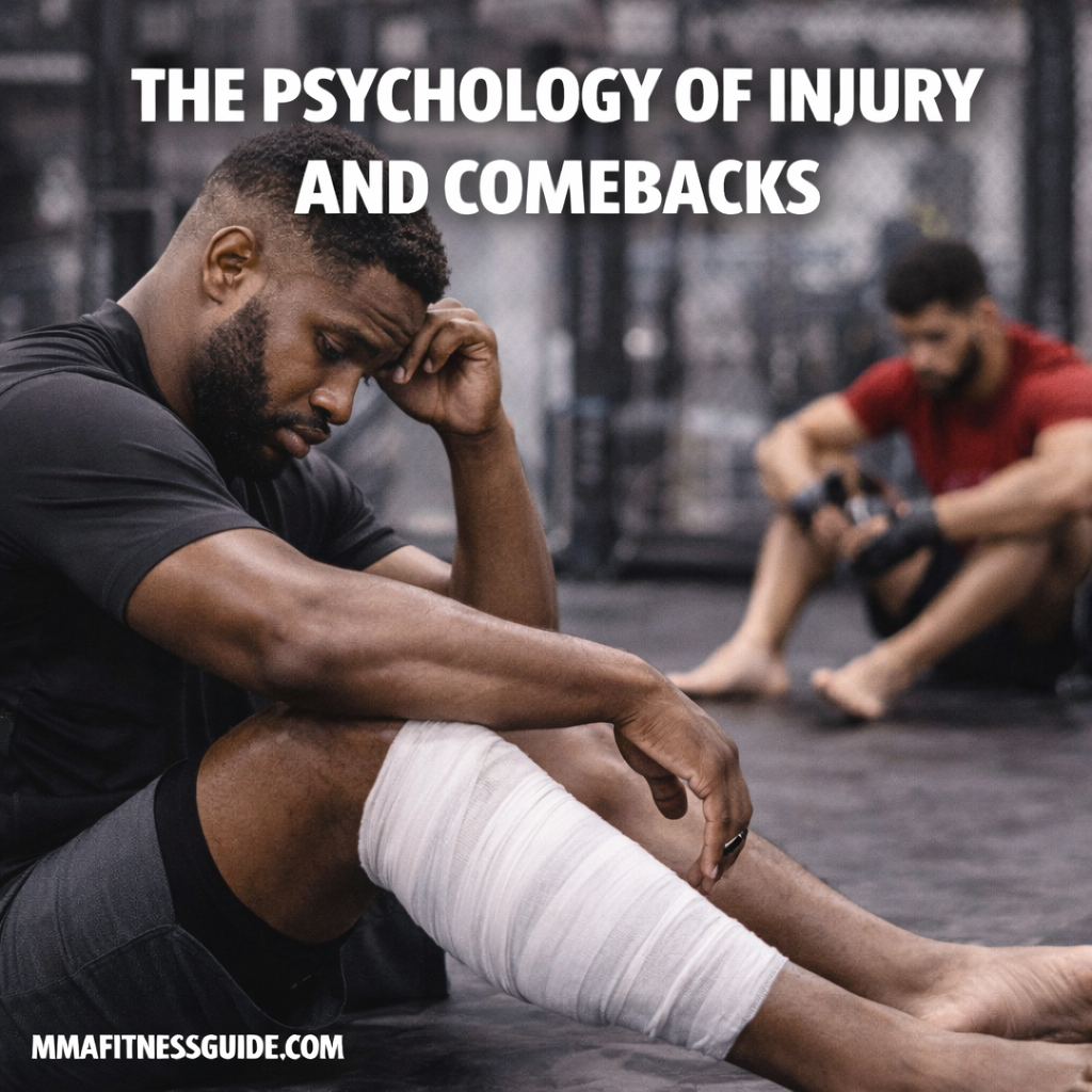 MMA fighter sitting on the gym floor recovering from injury, reflecting on the mental challenges of injury and comeback.