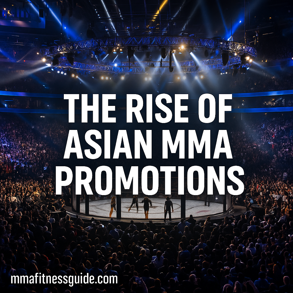 A packed arena surrounding an MMA cage during a live event, used to represent the growth of Asian MMA promotions.
