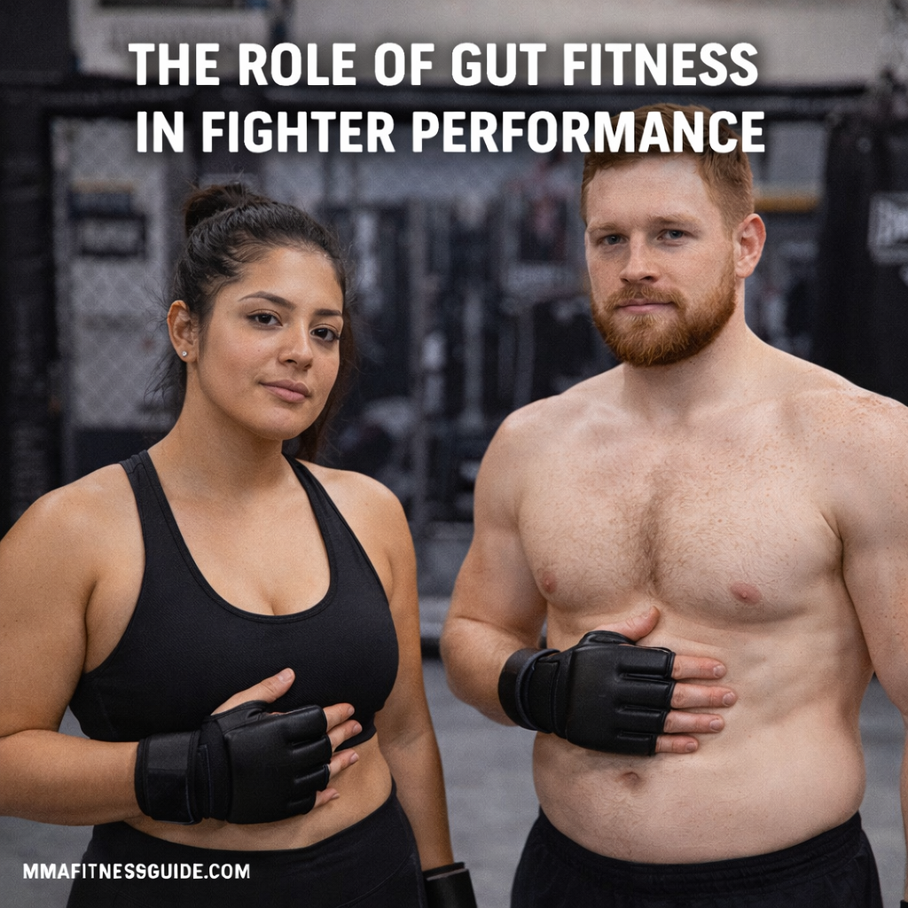 MMA fighters standing in a gym with hands on their midsection, representing the role of gut fitness in fighter performance and recovery.