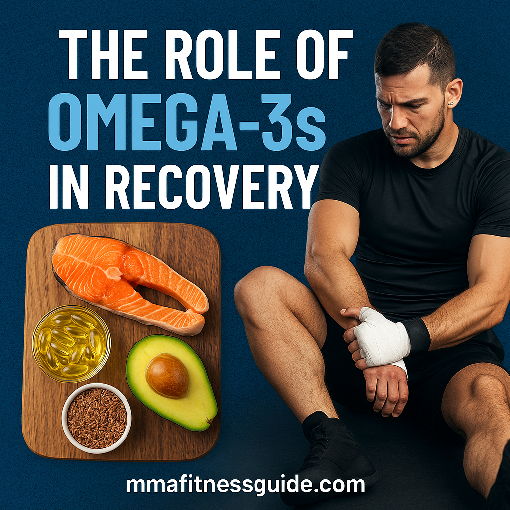 Main image showing a male athlete wrapping his wrist beside a cutting board of omega-3 foods, illustrating the role of omega-3s in recovery.