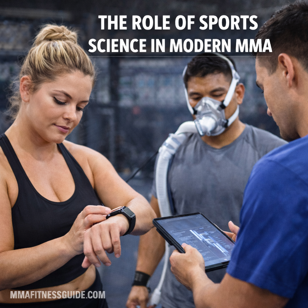 MMA athletes using sports science technology in a gym, including smartwatch tracking and performance data analysis during training.