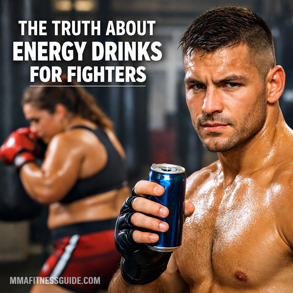 Male MMA fighter holding an energy drink with a female fighter training in the background, illustrating energy drink use in combat sports.