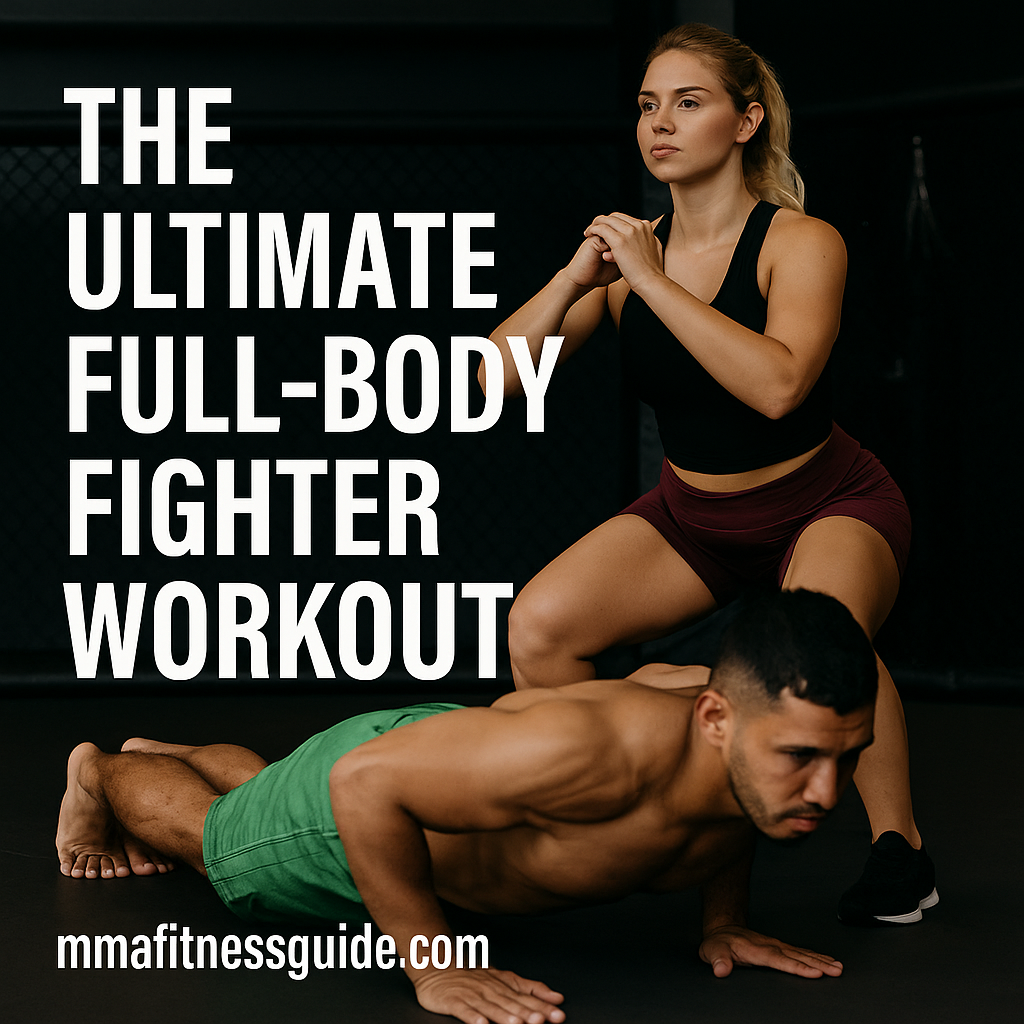 A tan-skinned male athlete performing a push-up while a blonde female athlete in colored shorts performs a squat behind him in an MMA gym, shown with the article title and mmafitnessguide.com watermark.