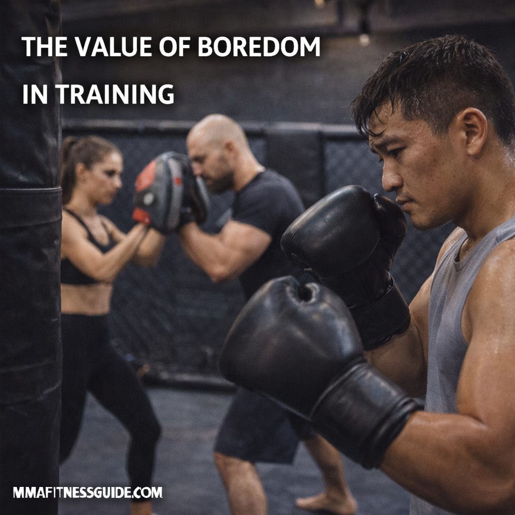 MMA athletes repeating fundamental training drills in a gym, illustrating how consistency and routine build discipline and long-term skill.