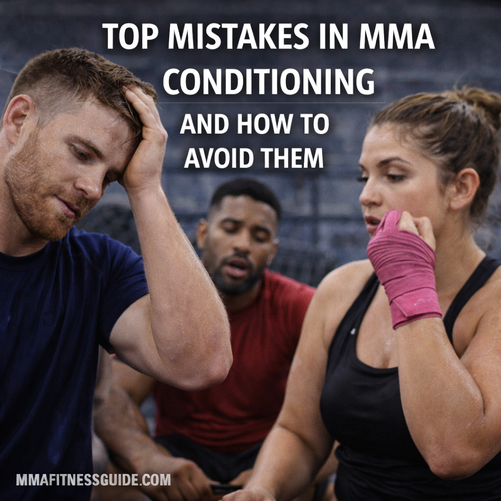 MMA fighters resting after intense conditioning training, illustrating common conditioning mistakes and fatigue during workouts.