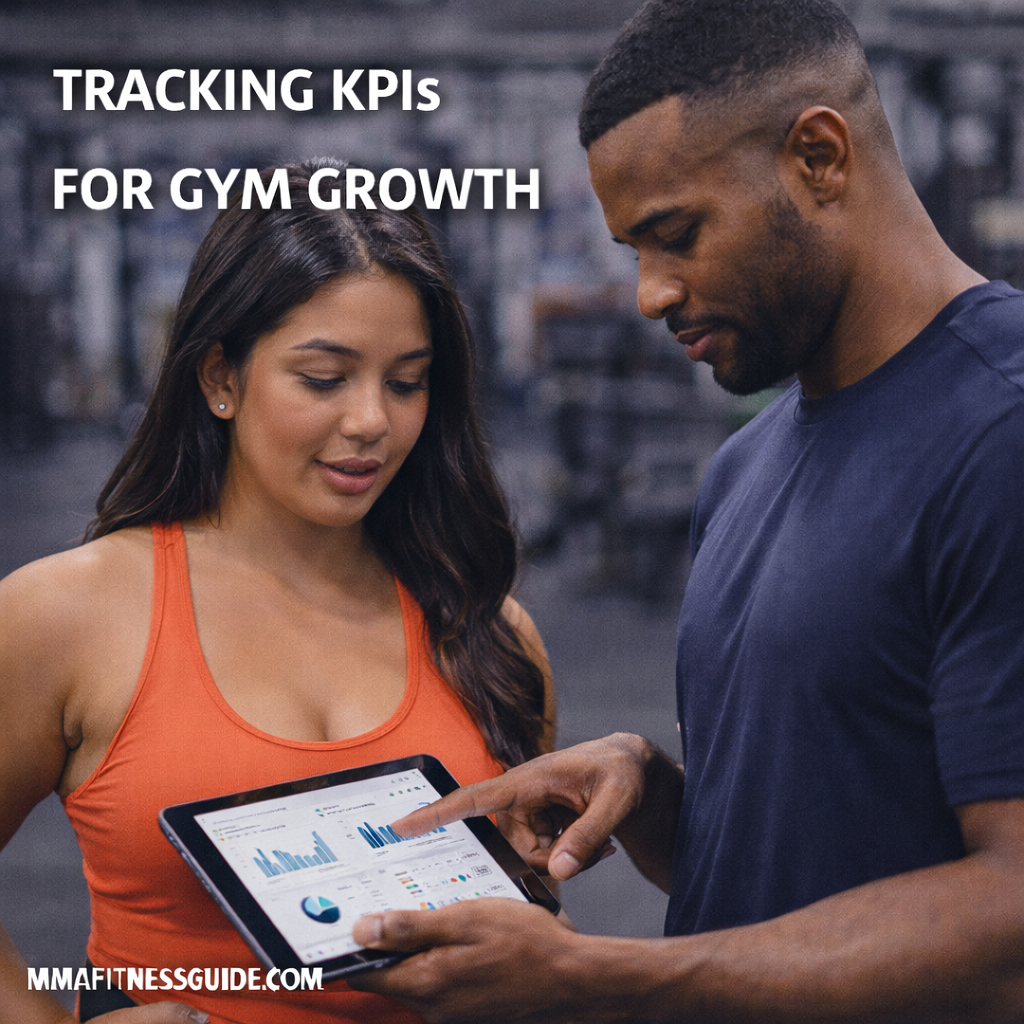 MMA gym owners reviewing key performance indicators on a tablet to track memberships, revenue, and growth metrics.