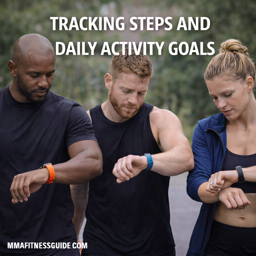 Three MMA fighters checking fitness trackers during a walk, illustrating step tracking and daily activity goals for combat athletes.