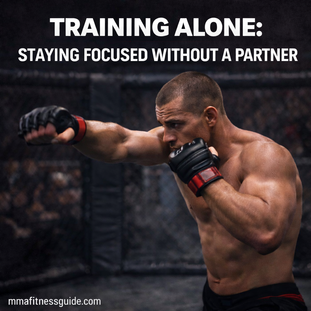 MMA fighter training alone in the gym, practicing striking while staying focused without a partner.