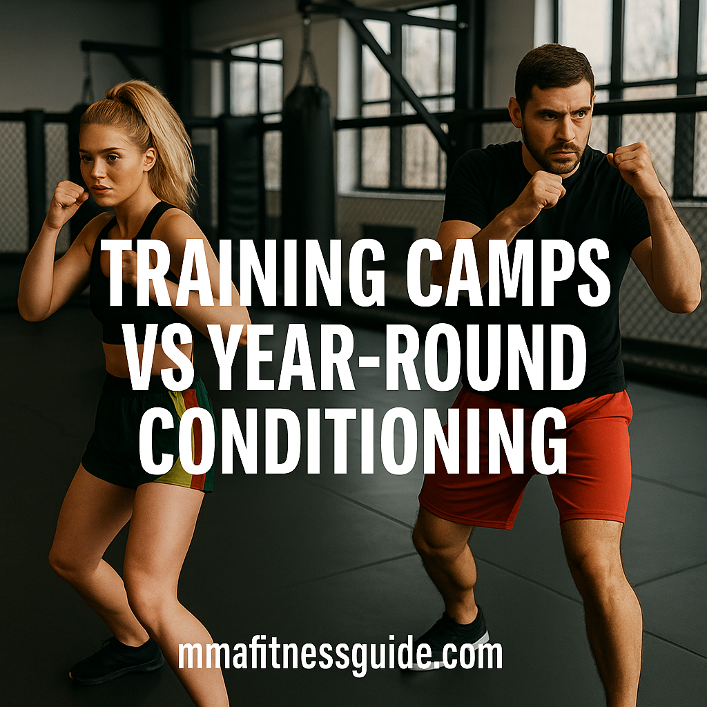 A male and female athlete shadowboxing separately inside an MMA gym, shown with the title “Training Camps vs Year-Round Conditioning” and the mmafitnessguide.com watermark.