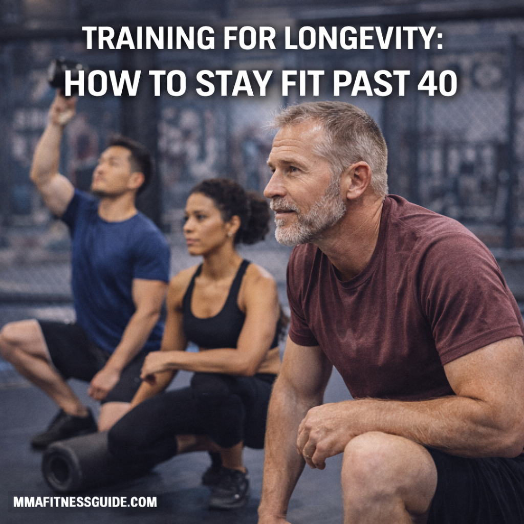 Middle-aged MMA athletes training in a gym, representing longevity-focused MMA conditioning and staying fit past age 40.