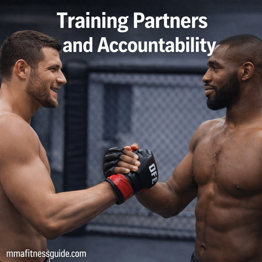 Two MMA training partners shaking hands in the gym, representing accountability and consistency in training.