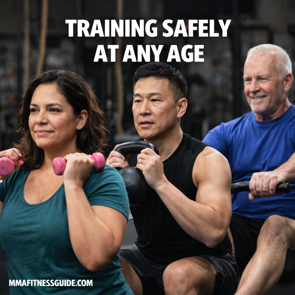 Older adults training safely in a gym with strength exercises, focusing on proper form.
