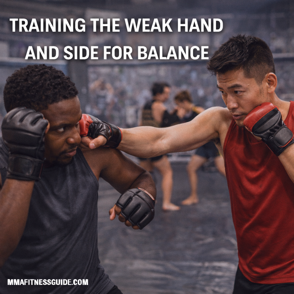 MMA fighters practicing weak-hand striking and defensive balance during sparring, demonstrating training the non-dominant side for improved coordination.