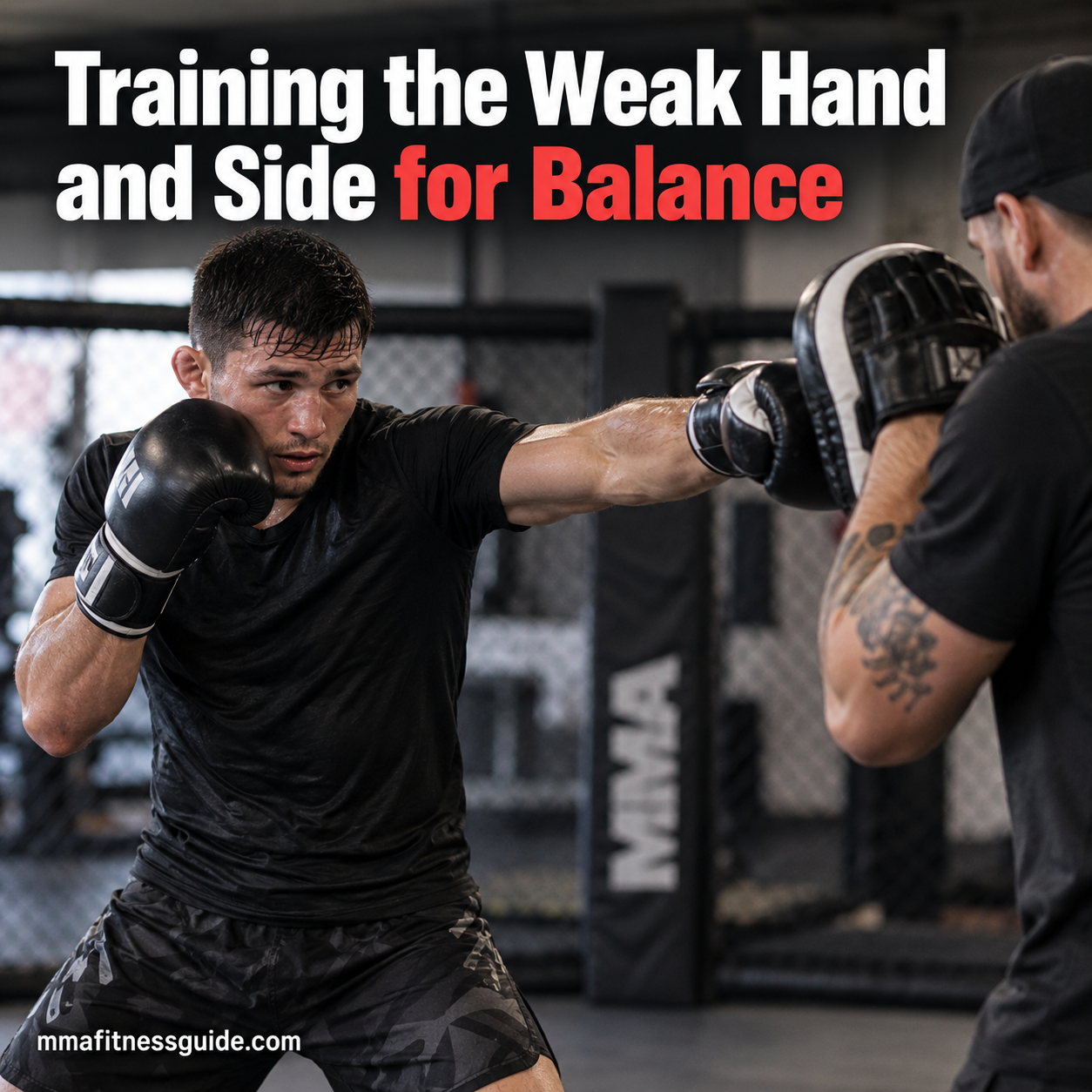 MMA fighter training his weak hand with a coach to improve balance and striking coordination
