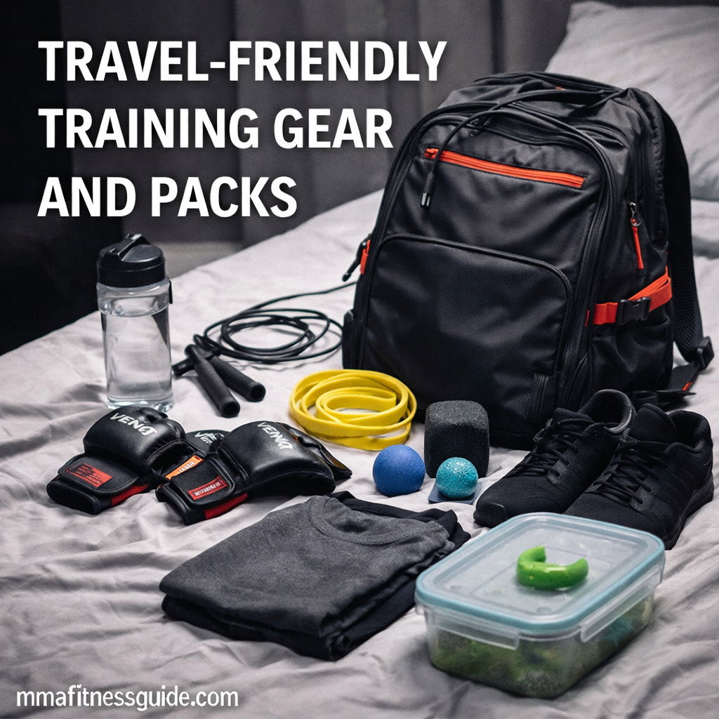 Travel-friendly MMA training gear including a backpack, jump rope, resistance bands, gloves, shoes, and recovery tools arranged for fighters on the go.