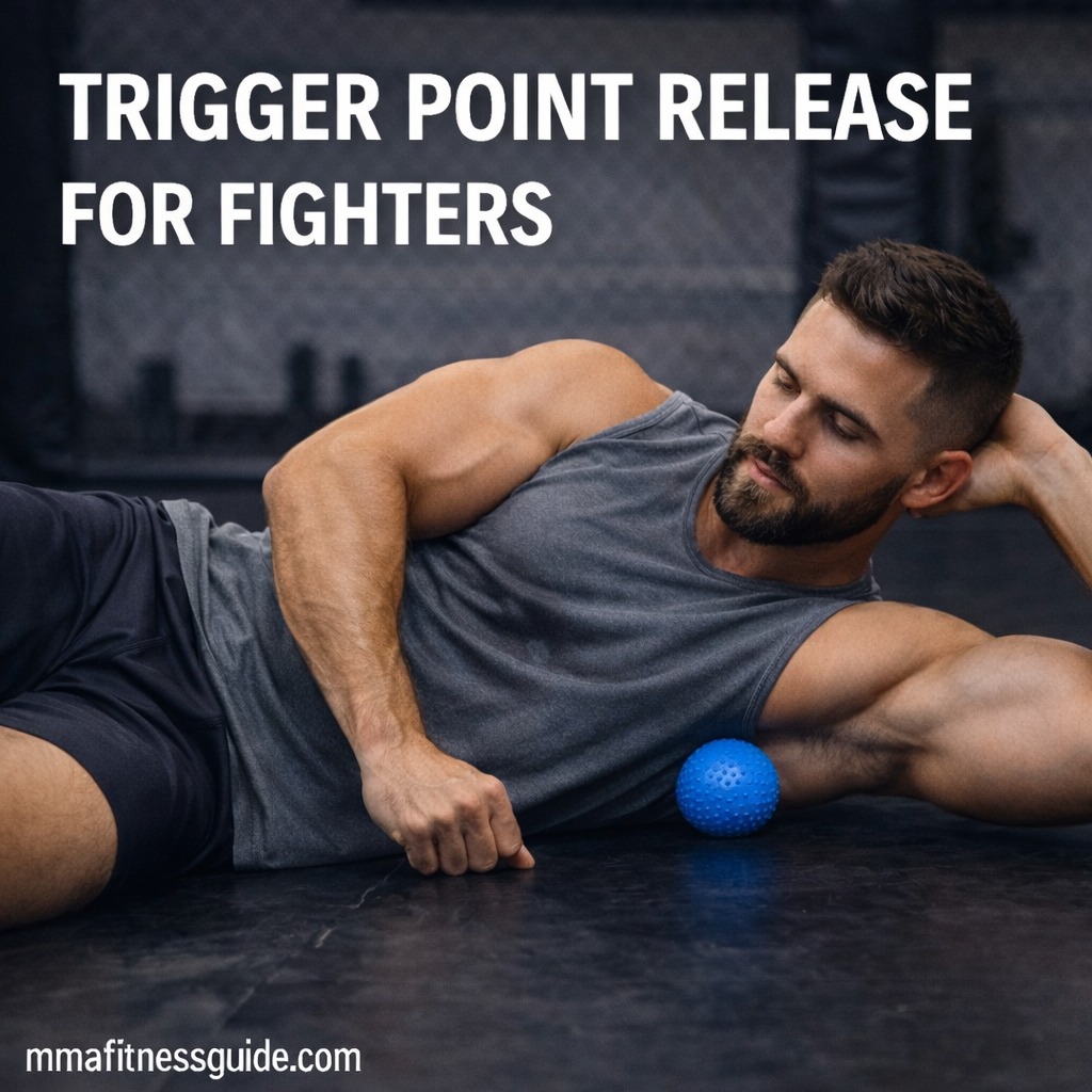 MMA fighter performing trigger point release using a massage ball to improve recovery and muscle mobility.