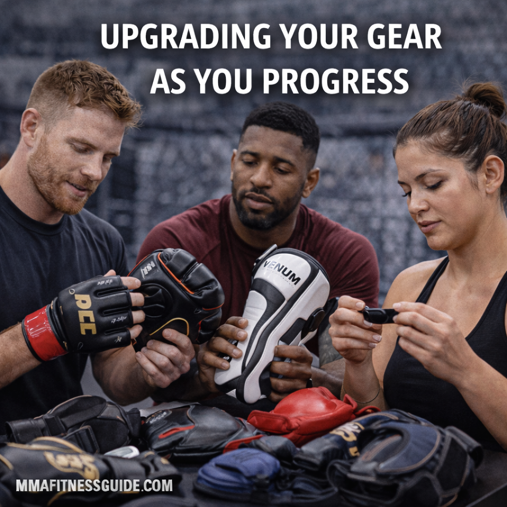 MMA fighters comparing and upgrading training gear in a gym, including gloves, shin guards, and protective equipment.