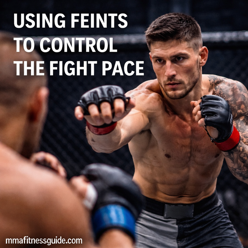 MMA fighter using a feint to control distance and pace during a fight inside the cage.