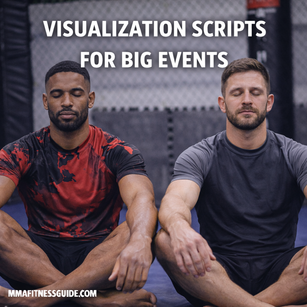 MMA fighters sitting calmly in a gym using visualization techniques to mentally prepare for a high-pressure event.