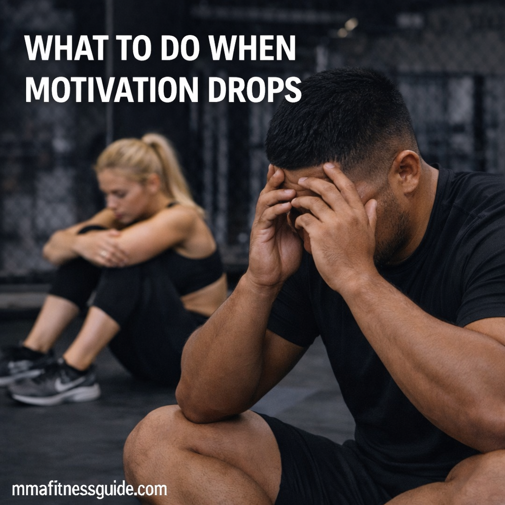 MMA fighter sitting exhausted in the gym while a female athlete rests in the background, representing a drop in motivation.