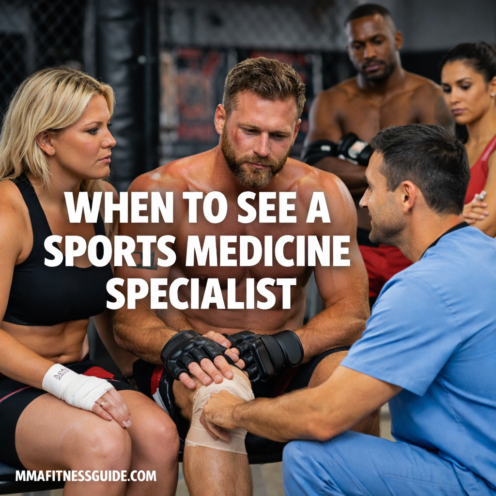 MMA athletes consulting a sports medicine specialist in a gym setting about an injury and recovery plan.