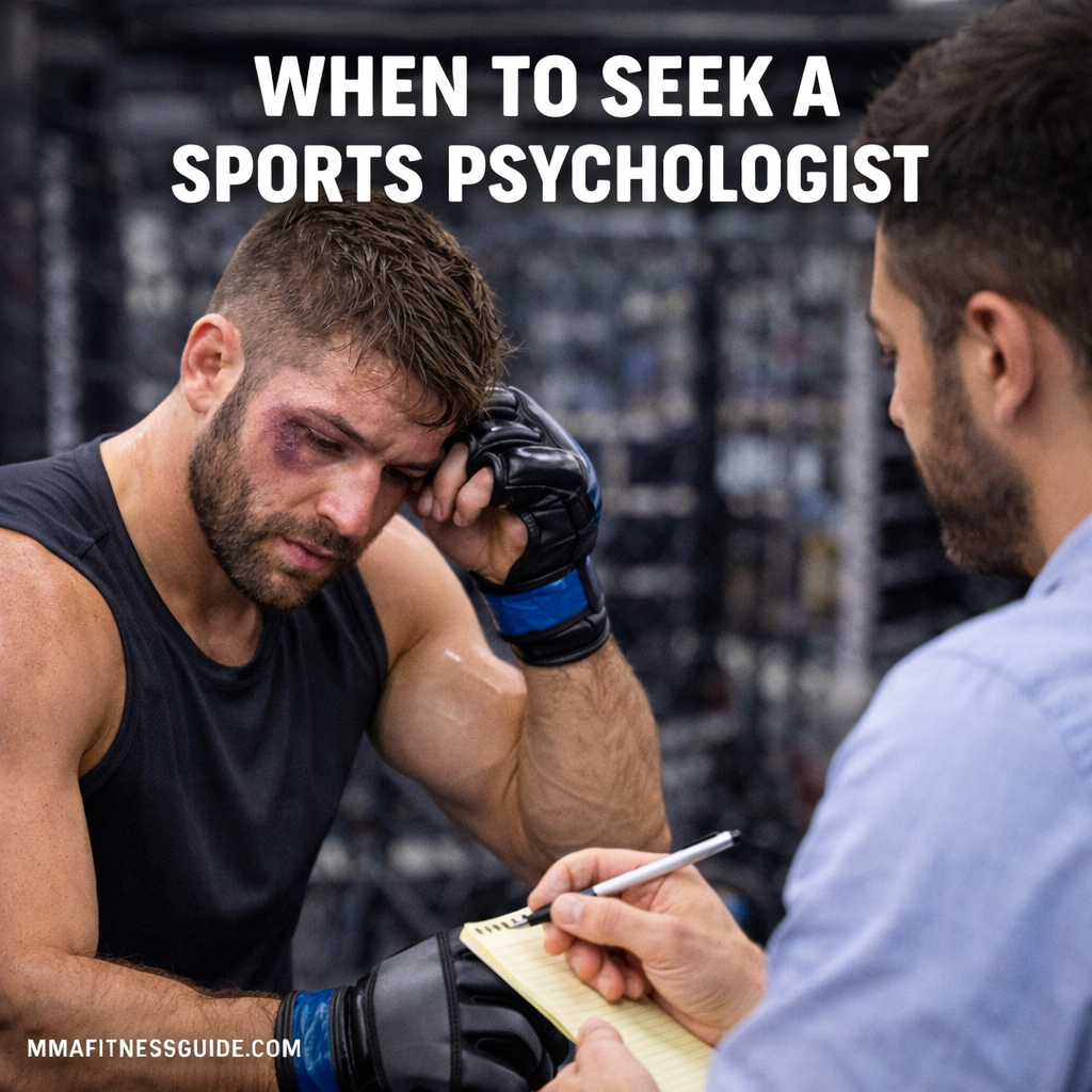 MMA fighter speaking with a sports psychologist in a gym setting, representing mental performance support and emotional preparation in combat sports.